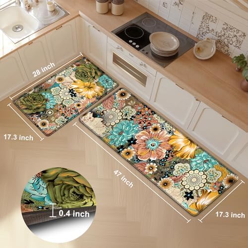 Kitchen Mats for Floor Cushioned Anti Fatigue Sets of 2 Boho Floral Kitchen Rugs Non Slip Waterproof Memory Foam Kitchen Floor Mats Padded Comfort Standing Mat Rug for Sink Laundry Office