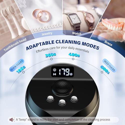 Ultrasonic Retainer Cleaner, 200ML Denture Cleaner for Mouthguard, Aligner, Brace, Night Guard and Dental Appliance with 4 Modes, 45kHz Jewelry Cleaner for Rings, Dental Cleaning Pod with Basket