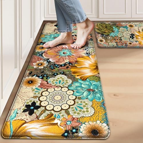 Kitchen Mats for Floor Cushioned Anti Fatigue Sets of 2 Boho Floral Kitchen Rugs Non Slip Waterproof Memory Foam Kitchen Floor Mats Padded Comfort Standing Mat Rug for Sink Laundry Office