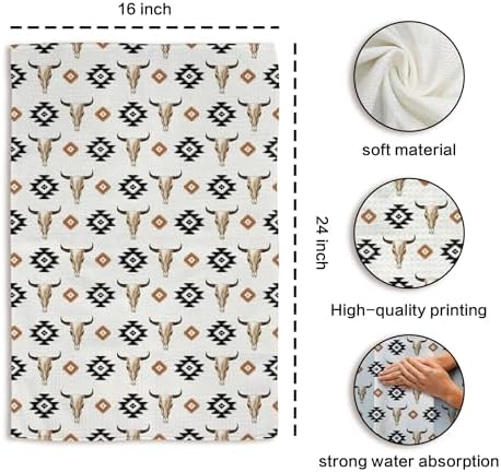 Boho Western Kitchen Towels, Retro Bull Skull Hand Towels, Trendy Vintage Skull Cow Head Dish Towels Dishcloths Tea Towels for Kitchen, Aztec Longhorn Preppy Kitchen Bath Decor Set of 2, 16x24in