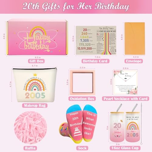 20th Birthday Gifts for Girls Women, Trendy 20 Year Old Girl Gift Ideas for Female Daughter Sister Niece, Cool Happy 2005 Decorations Presents Basket Glass Cup Sock