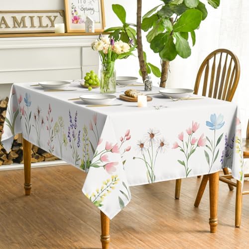 Horaldaily Spring Summer Tablecloth 60x84 Inch, Easter Watercolor Wild Flowers Blooming Floral Table Cover for Party Picnic Dinner Decor