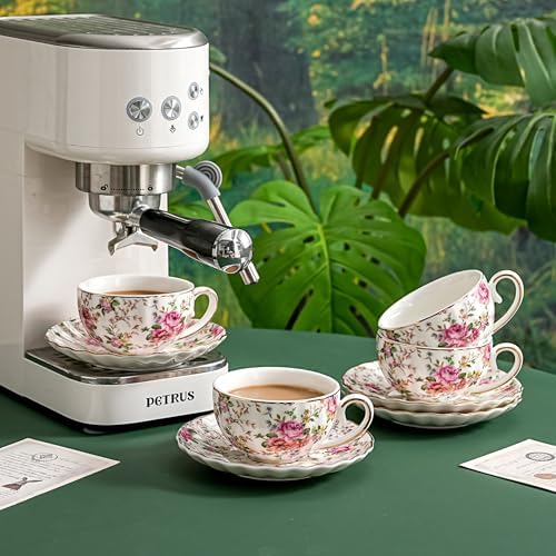 Tea Cup and Saucers, 6.4oz Floral Tea Cups with Gold Trim, Porcelain Bone China Teacup, Coffee Cappuccino Espresso Latte Mugs for Party Birthday,Party Cafe Home, Christmas Gift (White)