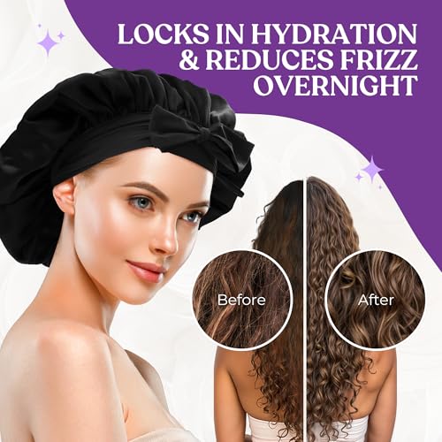 100% Mulberry Silk Bonnet for Sleeping Women – Double-Layered 22 Momme Silk Hair Wrap – Adjustable Non-Slip Tie – Reduces Frizz & Preserves Style – Gift Boxed, HQTS-Certified (Black)