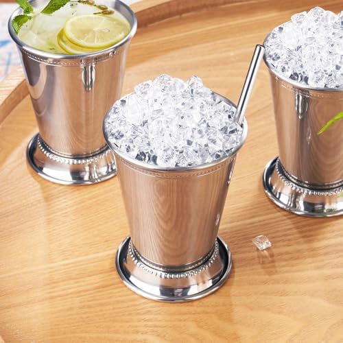 12oz Mint Julep Cups with Straws Set of 4, Stainless Steel Beaded Mint Julep Cups, Mint Julep Glasses for Cocktails Mixed Drinks, Metal Cups for Beer Juice Beverage Party Bar Home Restaurant
