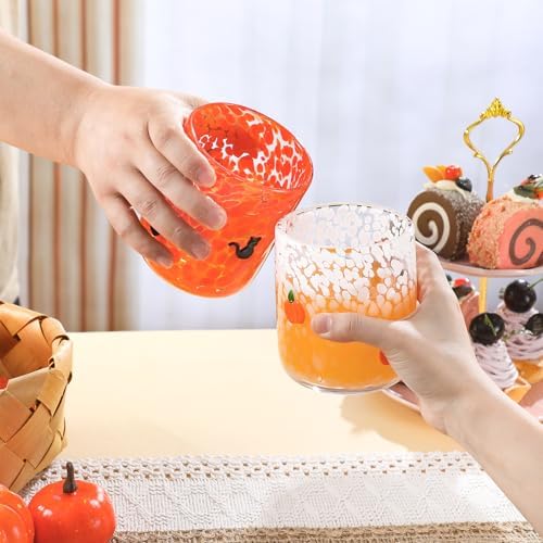 Skylety 2 Pcs Halloween Icon Juice Glasses - Orange Pumpkin & Black Cat Icon Stemless Coffee Cocktail Glassware Cup for Halloween Fall Thanksgiving Party Gift