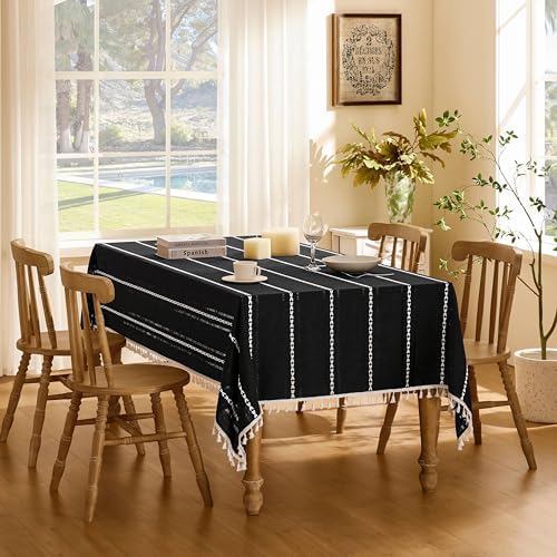 ZeeMart Hemstitched Embroidery Striped Boho Tablecloth 60x84 Inch Black, Heavy Weight Farmhouse Burlap Linen Black Tablecloth, Wrinkle Resistant Washable Table Cloth for Rectangle Table 
