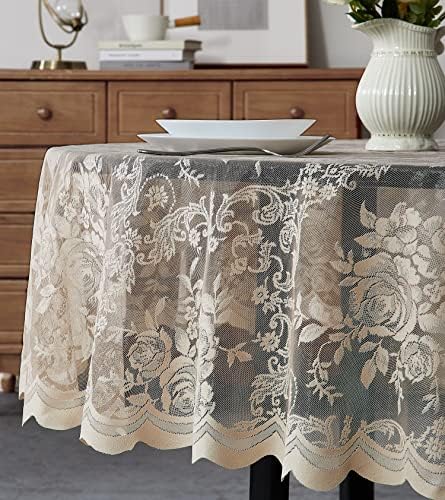 Warm Home Designs 60 Inch Round Tablecloth with English Rose Design. Use as Circle Tablecloth, Rustic Tablecloth or as Elegant Lace Table Cloth. Linen Gold Table Clothes for 6 Guests. LTC Linen 60"