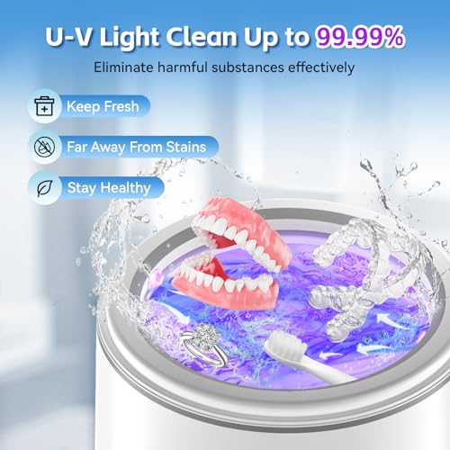 Ultrasonic Retainer Cleaner, 45kHz Denture Cleaner Machine for Mouth Guards, Braces, Toothbrush Heads, Jewelry, Ring, 7.8oz Portable Dental Cleaning Pod with 3 Modes and Digital Timer