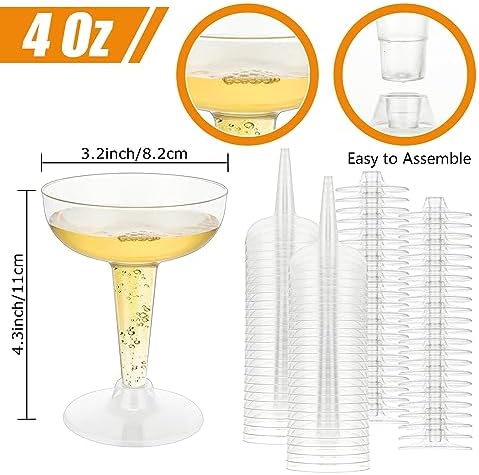100 Pack Plastic Champagne Coupe Glasses, Disposable Plastic Party Champagne Glasses, 4 Oz Clear Cocktail Martini Margarita Wine Cups for Birthday Wedding Party