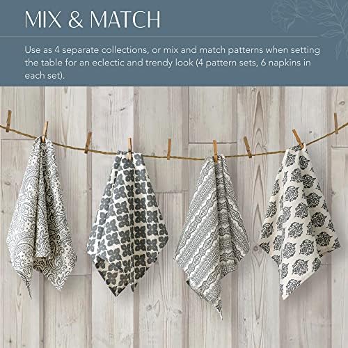 Elrene Home Fashions Everyday Casual Prints Assorted Fabric Napkins, Decorative Cloth Napkins and Table Accessories, 17" X 17", Gray, Set of 24
