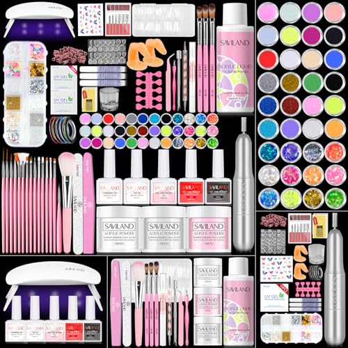 SAVILAND Acrylic Nail Kit with Drill: Professional Nail Kit Acrylic Set for Beginners with Everything Gel Polish U V Light Decorations for Home Salon Gift Set