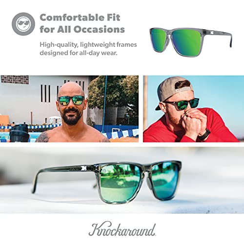 Knockaround Fast Lanes Sport - Polarized Running Sunglasses for Women & Men - Impact Resistant Lenses & Full UV400 Protection, Clear Grey Frame/Green Reflective Lenses