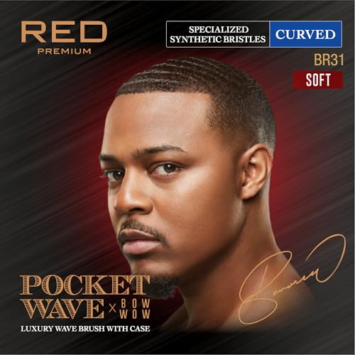 Red by Kiss Premium Pocket Wave Brush Hard – Bow Wow Curved Palm Brush for 360 Waves, High Density Hard Bristles for Coarse or Long Hair, Travel Cover, Ideal for Wolfing & Durag Use