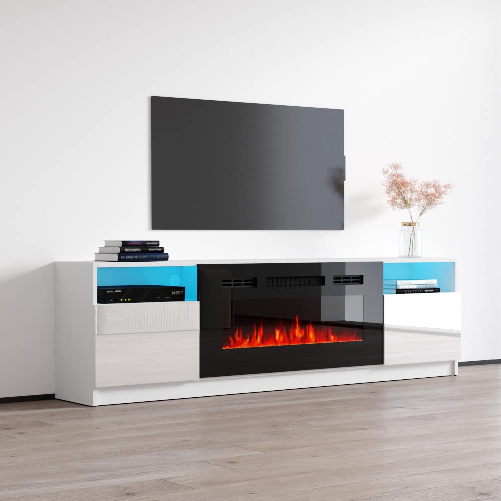 Meble Furniture York 02 TV Stand with Electric Fireplace - Modern High Gloss TV Stand with Storage Cabinets and Led Lights - Media Entertainment Center Console Table for TV Up to 90" - White