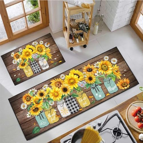 Sunflower Kitchen Decor Rug 2 Piece Set, Summer Country Farmhouse Style Kitchen Floor Mat, Absorbent and Washable Runner Decorations Rug 17×30+17×47 Inches