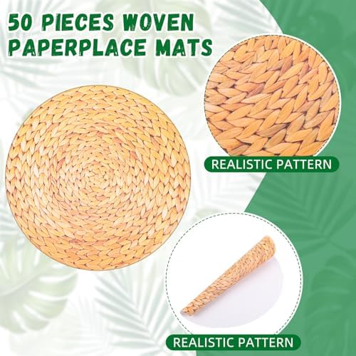 50 Pack Havana Night Party Luau Placemats and Palm Placemat, Round Luau Wooden Placemats Tropical Palm Leaf Place Mats Bulk Table Paper Mat for Summer Spring Fall Wedding Dinner