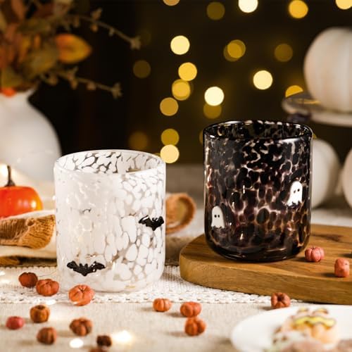 2 Pcs Icon Glass Cups - 16 oz Cute Icon Juice Glass Double Old Fashioned Hand Blown Drinking Cups for Holiday Party Home Decor Lovely Gifts(Halloween Style)