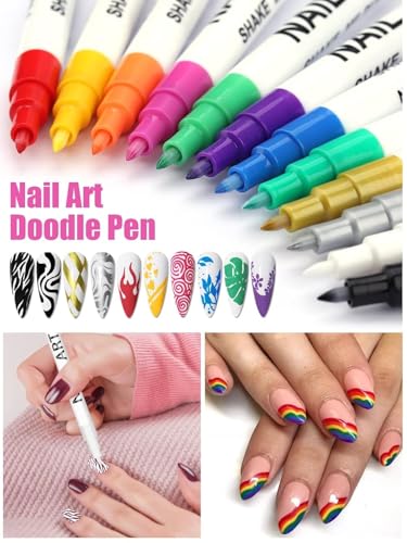 12 Color 3D Nail Art Pens Set, Kalolary Nail Pens Nail Point Graffiti Dotting Pen Drawing Painting Liner Brush for DIY Nail Art Beauty Adorn Manicure Tools