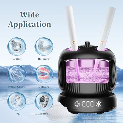 Ultrasonic Retainer Cleaner Machine, 50kHz Ultrasonic Denture Cleaner with Durable Removable Base&4 Modes Digital Timer, Dental Cleaning Pod for Mouth Guard, Braces, Jewelry, Aligner, Toothbrush
