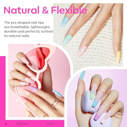 modelones Gel Nail Kit, Fake Nails Long Coffin, 9-in-One Glue Prep Dehydrator & Portable Mini U V Light Acrylic Clipper, 500Pcs Coffin Tips for Extension Kit DIY Salon Home Gifts for Women