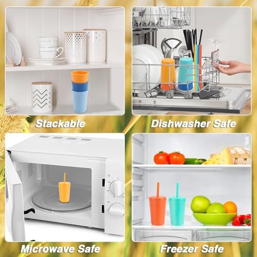 10 oz Wheat Straw Cups with Lids and Silicone Straws, Unbreakable Drinking Glasses, Plastic Cups for Kitchen, Small Tumbler Cups with Cleaning Brush, BPA Free, Dishwasher & Microwave Safe, 6 Pack