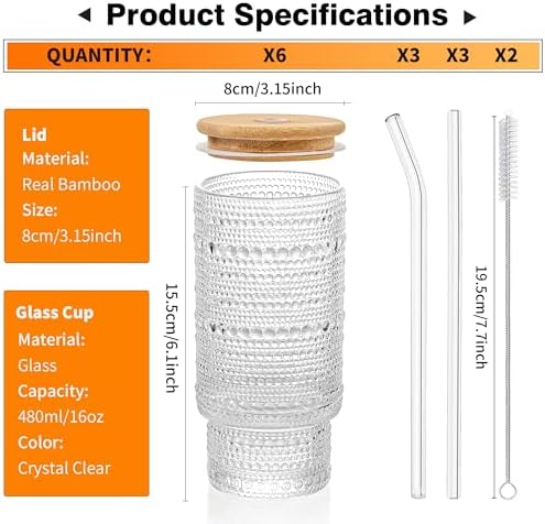 KEMORELA Set of 6 Hobnail Drinking Glasses with Cool Glassware Lid and Straw, 16oz XL Highball Bubble Cocktail, Old Fashioned Beverage Glasses, Romantic Water Glasses for Juice