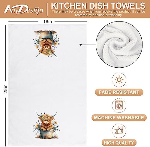 Highland Cow Kitchen Dish Towel 18 x 28 Inch Rustic Farmhouse Dishcloth Seasonal Cute Cow Decorative Hand Tea Towel for Kitchen Home Cooking Baking Cleaning, 2Pcs