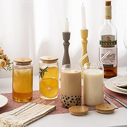 2 Pcs Drinking Glasses with Bamboo Lids and Straw 2pcs Set - 16oz U-Shaped Cups, Iced Coffee Glasses, Cute Reusable Bottle, Ideal for Whiskey, Beer, Tea, Gift