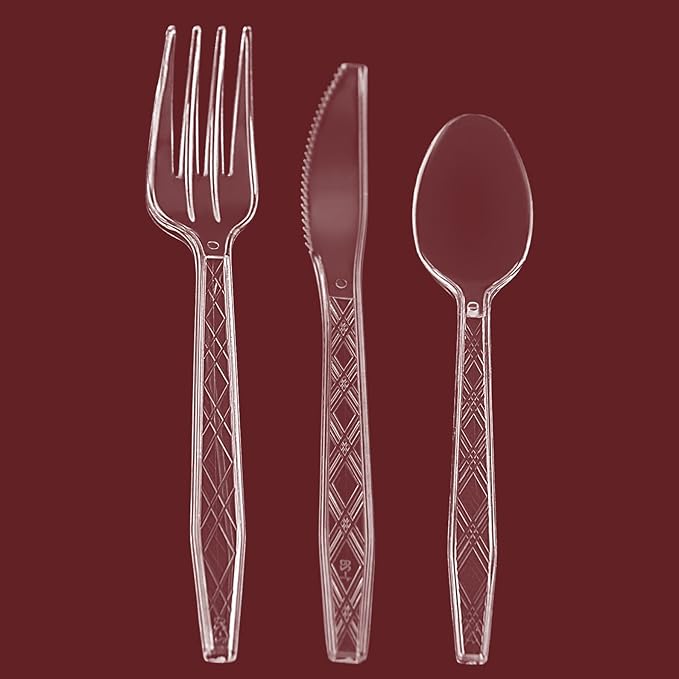 Party Bargains Clear Plastic Cutlery 720 pcs: 360 Forks, 240 Spoons, 120 Knives. Argyle Design, Heavy Duty & Solid Disposable Silverware Utensils Combo Pack Set for Weddings, Buffets, Luncheons
