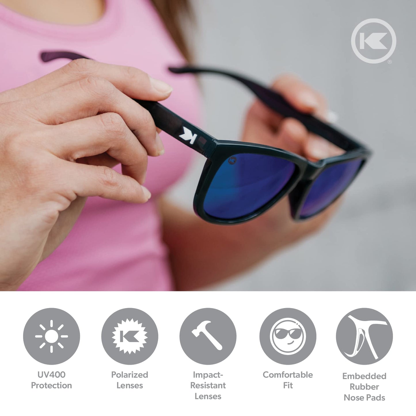 Knockaround Premiums Sport - Polarized Running Sunglasses for Women & Men - Impact Resistant Lenses & Full UV400 Protection, Jelly Black Frame/Blue Moonshine Lenses