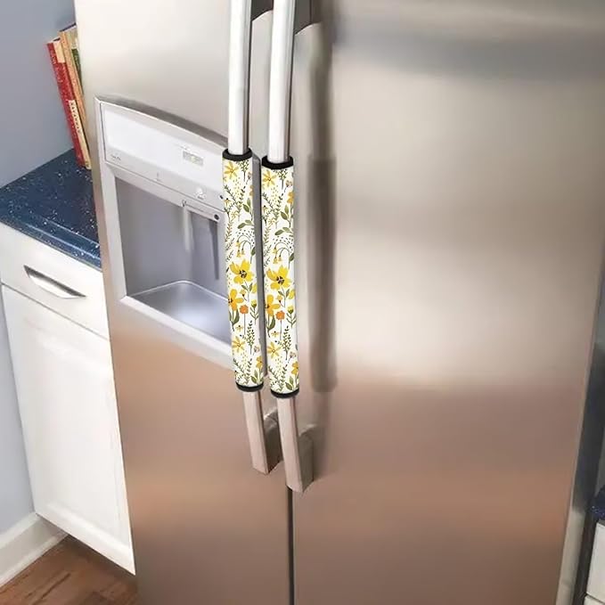 Refrigerator Door Handle Covers Set of 6, Antiskid Protector for Fridge Oven Dishwasher Keep Your Kitchen Appliance Clean from Smudges, Food Stains, Yellow Flower