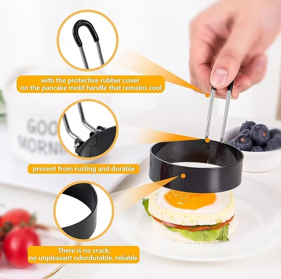 3.5" Egg Rings Mold with Plastic Handle, Round Mold for English Muffins - Griddle Cooking Shaper for Indoor Camping Breakfast Sandwiches w/Silicone Oil Brush (3.5 inch Plastic handle)