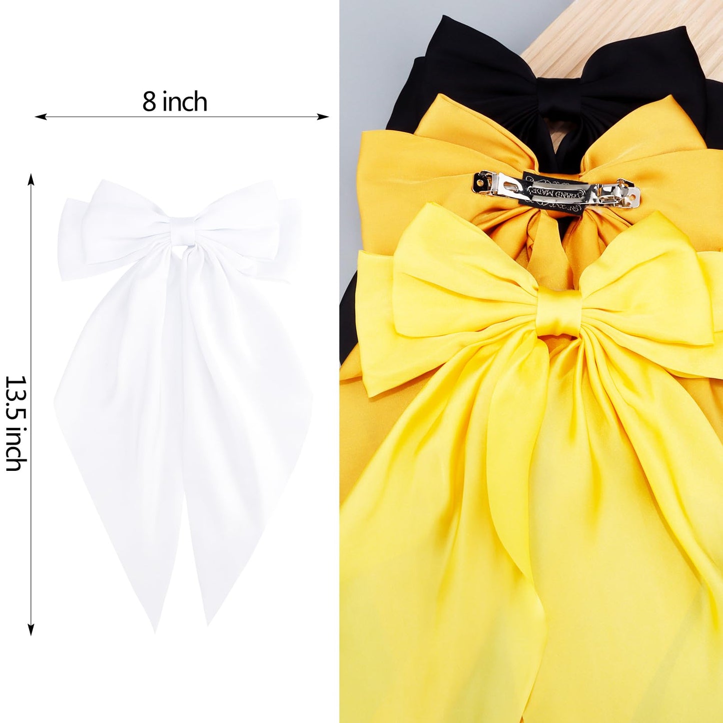 Velscrun Black White Bright Yellow Yellow Hair Bows for Women Girls, Silky Satin Large Coquette Bow, Oversized Hair Ribbons 4Pcs Big Bows Clip Long Tail Bowknot Hair Barrettes Bow Accessories