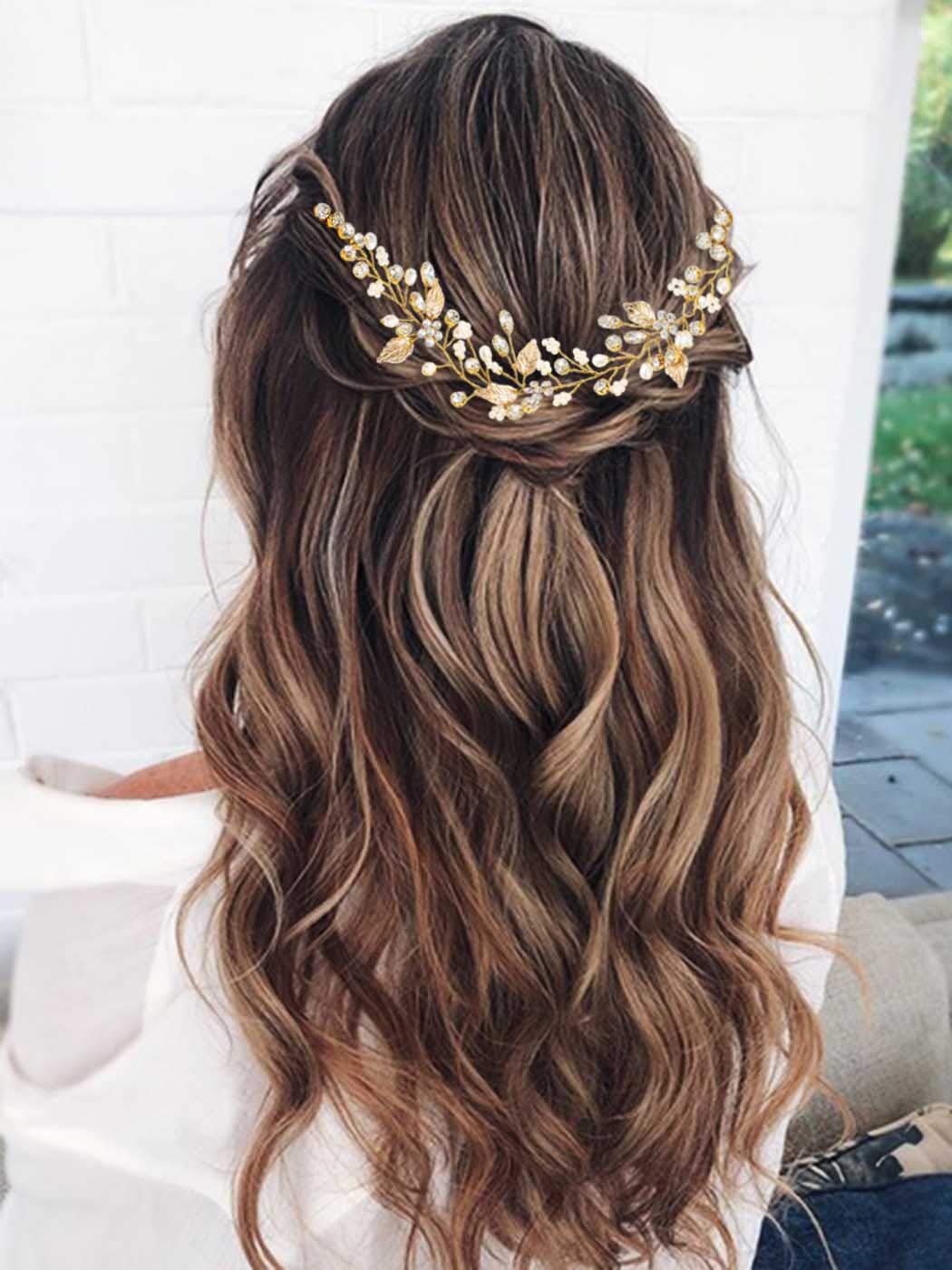 Gorais Crystal Bride Wedding Hair Combs Gold Leaf Bridal Hair Pieces Pearl Hair Accessories for Women and Girls (A-Gold) (A-Gold)