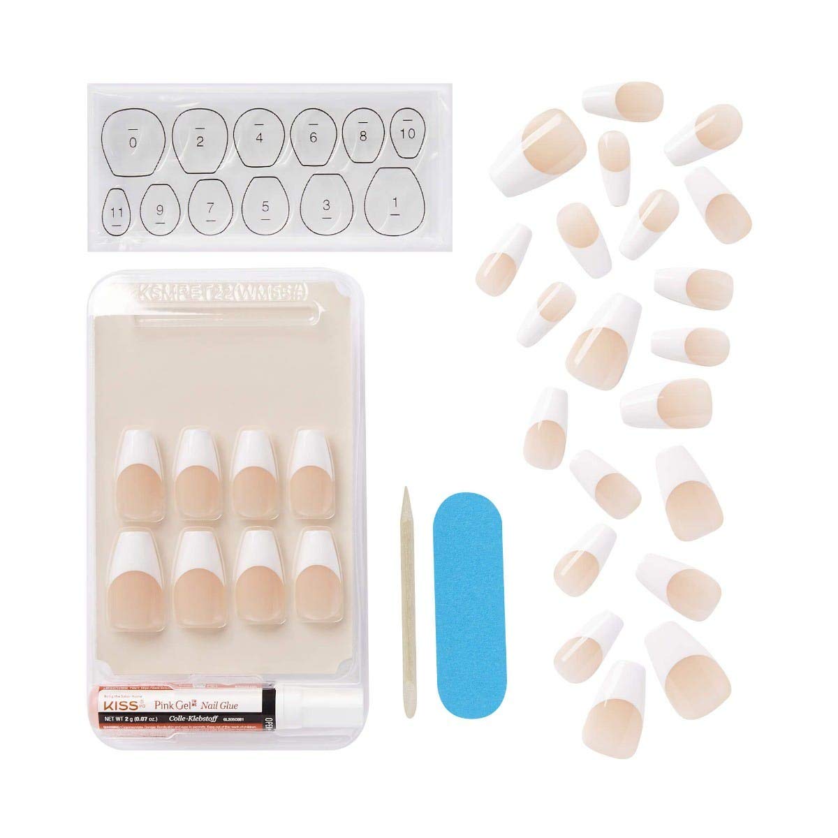 KISS Salon Acrylic French Nail Manicure Set, Medium Length, Square, “Je T'aime”, Nail Kit Includes Pink Gel Nail Glue (Net Wt. 2 g / 0.07oz.), Mini File, Manicure Stick, and 28 Fake Nails