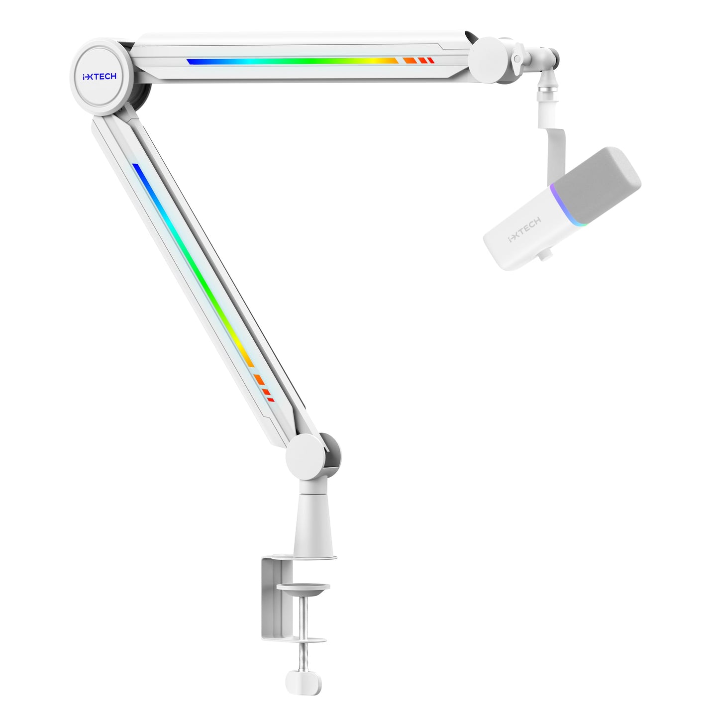 IXTECH RGB Mic Boom Arm High Profile, Overhead Boom Arm Microphone Stand Desk Mount, Adjustable Microphone Stand with Desk Mount, Mic Arm for Live Streaming Gaming Podcasting Recording (White)