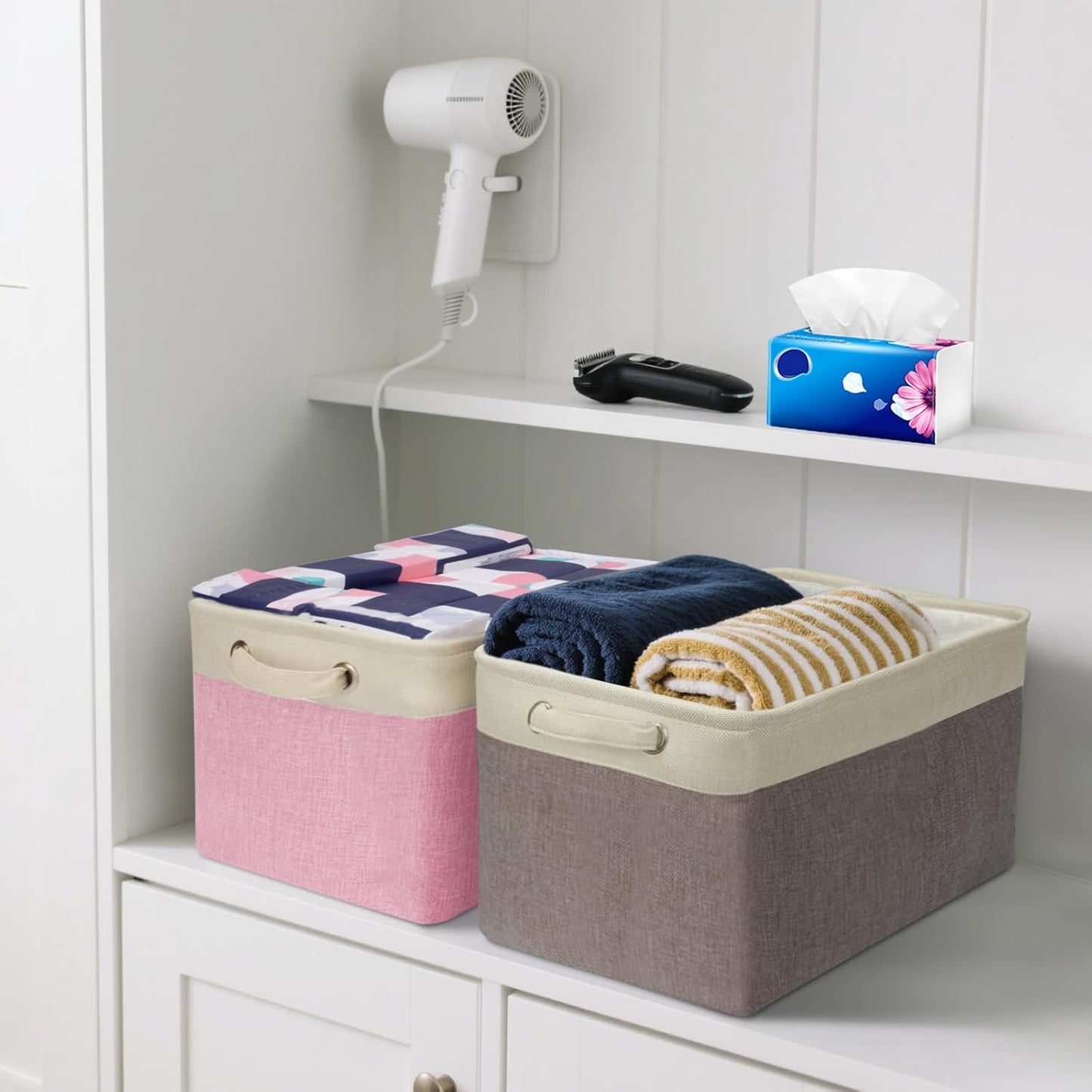 BALEINE 1 Pack Fabric Storage Bins for Shelves, Linen Storage Baskets for Organizing, Decorative Closet Bins for Clothes, Home (Pink, 15''x11''x9.5'')