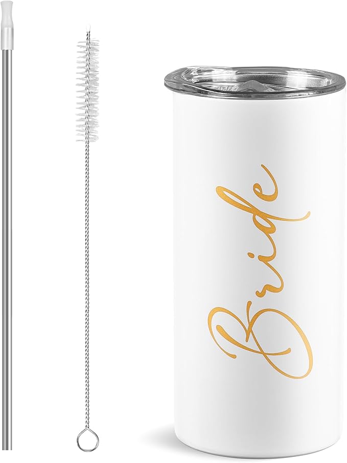 Bride Gifts Bridal Shower Gifts for Bride Cup Wedding Engagement Bachelorette Party Favors Stainless Steel Insulated Skinny Tumbler with Lid and Straw 15 OZ
