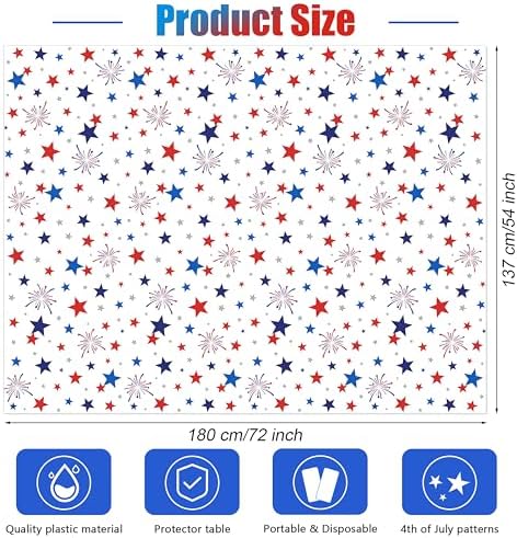 6Pcs Patriotic Tablecloth Plastic Disposable Star Table Cloth Rectangle Red White Blue Table Cover for Patriotic Themed Party Supplies Birthday Sport Event Picnic Camping Memorial,54x72 Inch