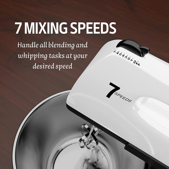 Stand Mixers, 7 Speeds With 3QT Stainless Steel Bowl, Stand and Hand Mixer with Dough Hook, Whisk, Mixing Beater for Baking, Cake, Cookie, Kneading (VL1)