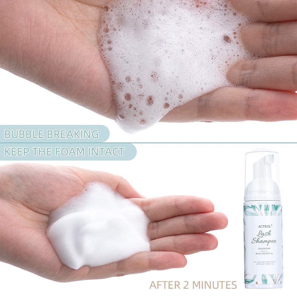 ACTROL Eyelash Extension Shampoo Kit 60ml Unscented Lash Extension Cleanser with Lash Fan Pink Professional Eyelid Foaming Cleanser Paraben & Sulfate Free Non-lrritating