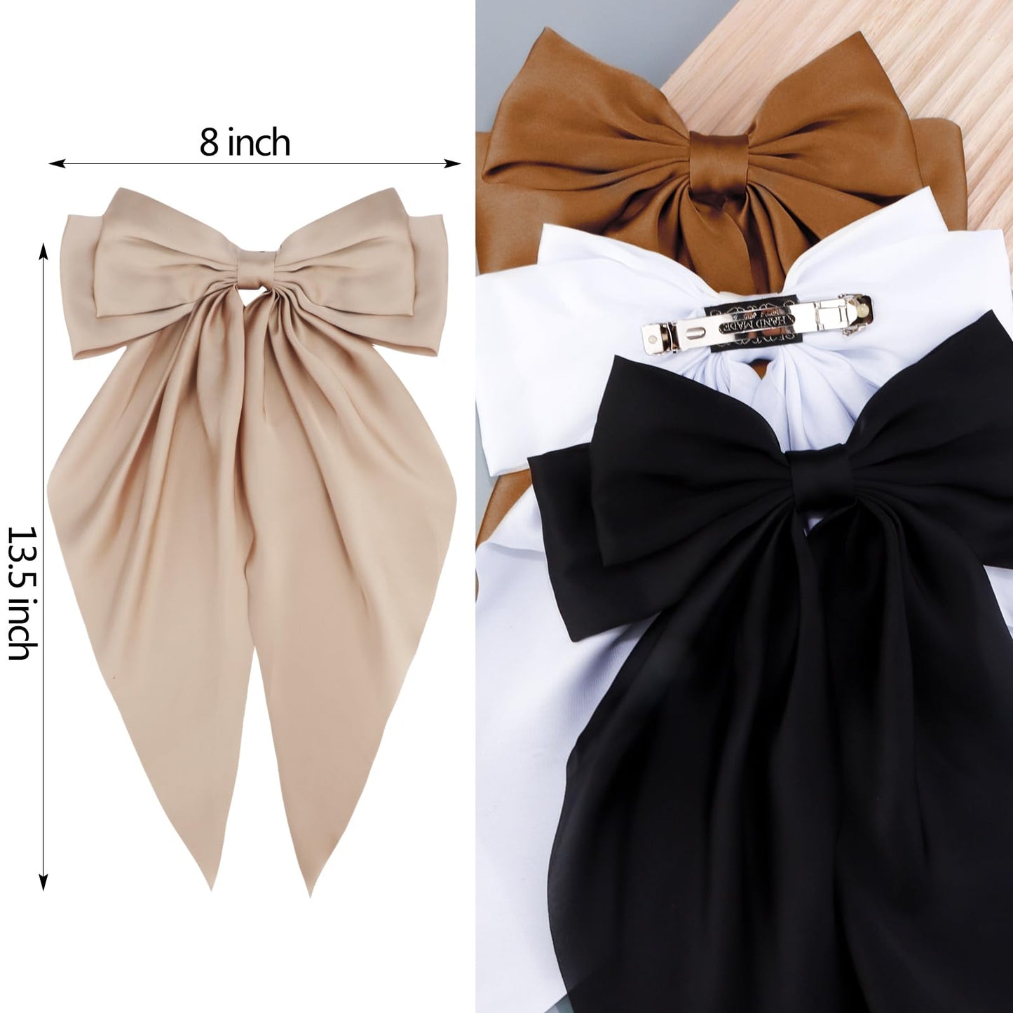 Velscrun Hair Bows for Women Girls 4Pcs White Silky Hair Bow Khaki Satin Large Coquette Bow Brown Big Hair Bows Clip Oversized Hair Ribbons Long Tail Black Bow Hair Barrettes Hair Accessories Gifts