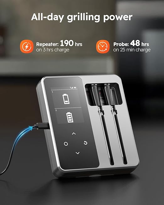 Wireless Meat Thermometer with App Control, 600FT Bluetooth Range, Dual Probes & 6 Sensors, 0.5S Instant Read, LCD Display, IP67 Waterproof Real-Time Monitoring & Smart Alerts for BBQ, Grill, Oven