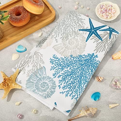 Ocean Theme Kitchen Dish Towel Beach Seashell Coral Starfish Hand Dying Towel Sea Creature Tea for Cooking Baking Kitchen Accessories, Set of 2, 18 x 28 Inch