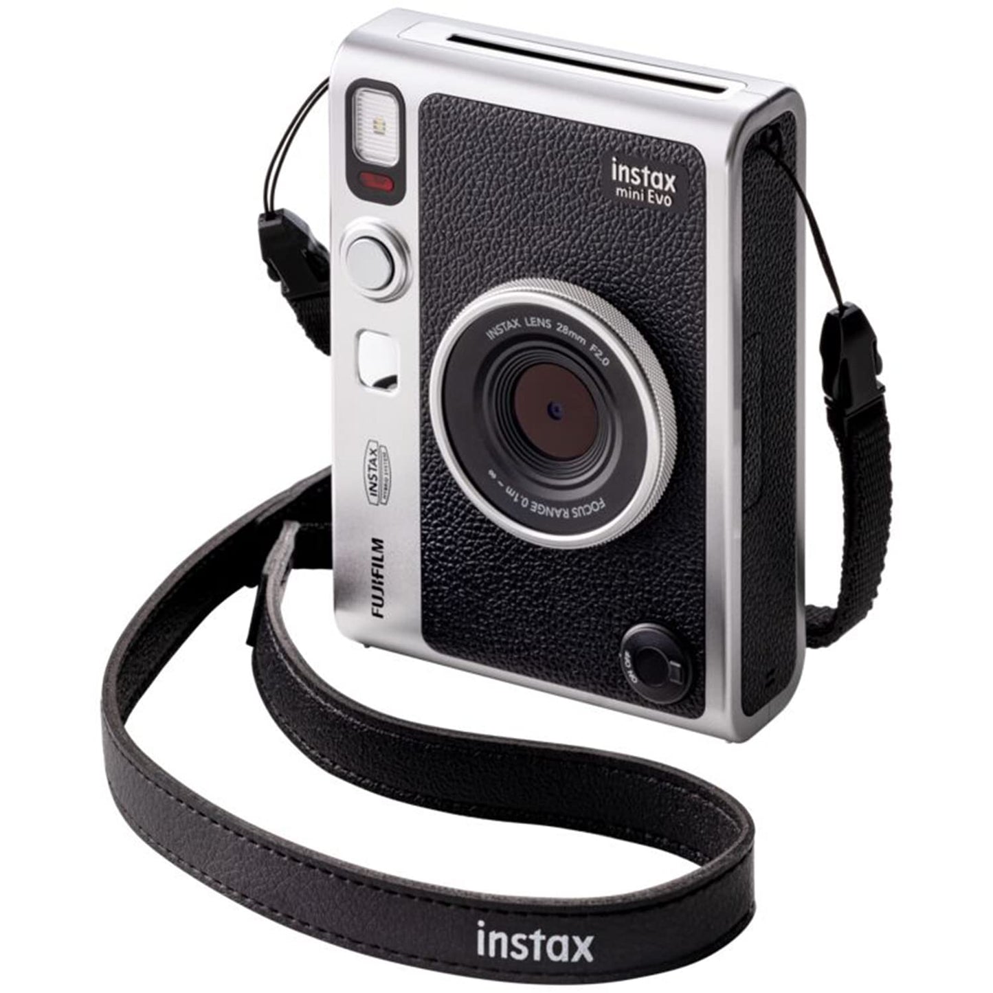 Fujifilm Instax Mini EVO Hybrid Instant Camera Black Bundle with Instax Mini Instant Film 20 Sheets, 32GB microSD Card, Vintage Style Black Camera Case, Bundle