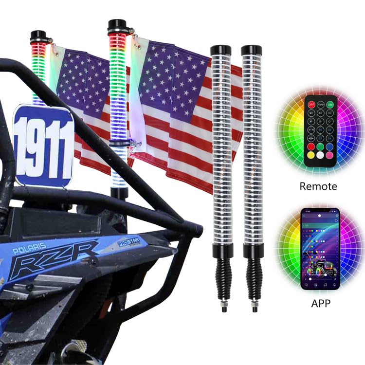 JXOFROAD 2PC COB Fat Whip Lights with Reverse &Turning & Brake light ,Remote & App Smart Control,Spiral RGB Chasing LED for Polaris RZR, Can-Am Maverick X3, Universal Fit for SXS, UTV, ATV, Boat (2FT)