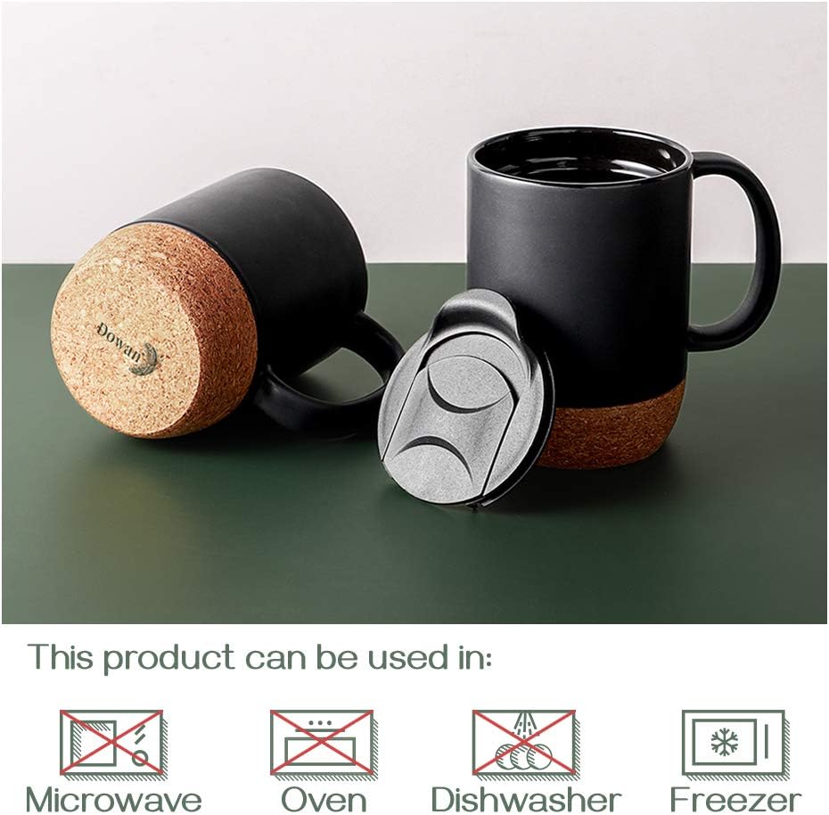 DOWAN Coffee Mugs, 15 oz Mug Set of 2, Large Ceramic Coffee Mug with Cork Bottom and Spill Proof Lid for Mom Dad, Big Mug for Latte Tea, Matte Grey