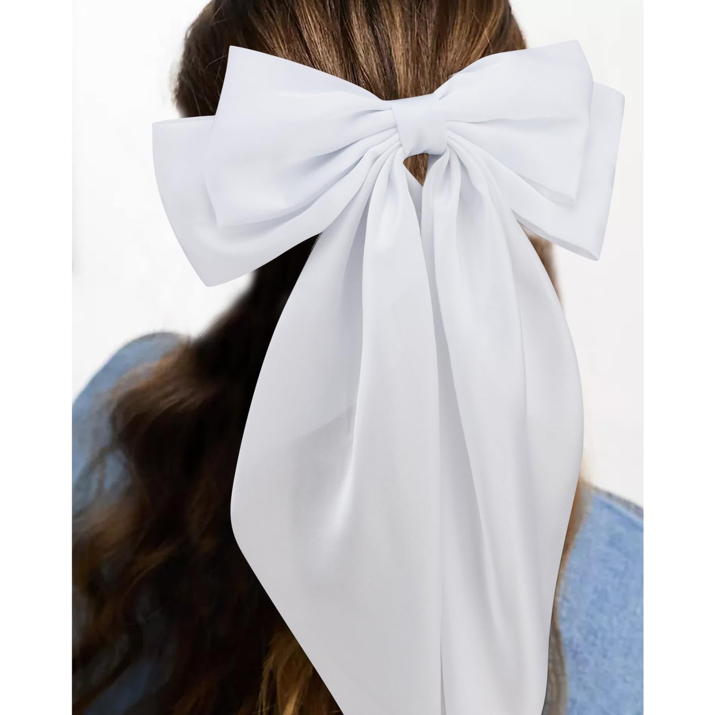 Velscrun Hair Bows for Women Girls 4Pcs White Silky Hair Bow Khaki Satin Large Coquette Bow Brown Big Hair Bows Clip Oversized Hair Ribbons Long Tail Black Bow Hair Barrettes Hair Accessories Gifts