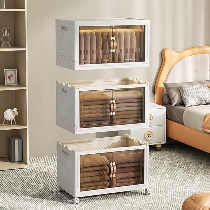 3-Tier Closet Organizer and Storage with 1 Lid, 58 Gal Stackable Storage Bins with Lids and Wheels, Folding Storage Boxes with Open Front Door for Closet and Office